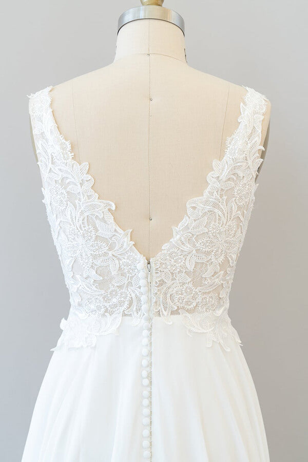 Long V-neck Appliques Lace Chiffon A-line Wedding Dress