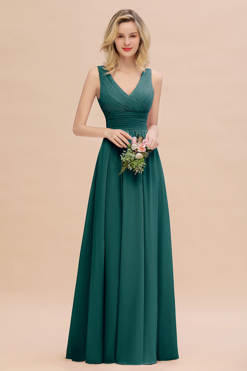 Elegant A-line V-Neck Ruffles Long Bridesmaid Dress