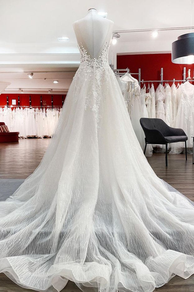 Long A-line Sweetheart Tulle Breath-taking Detailed Appliques Ruffles Open Back Wedding Dress