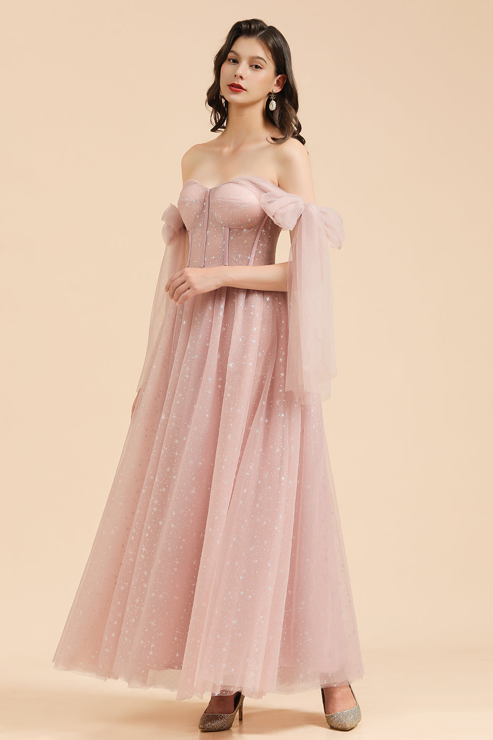 BM2007 A-line Pink Off The Shoulder Bow Tulle Floor Length Bridesmaid Dress
