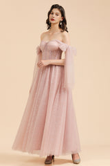 BM2007 A-line Pink Off The Shoulder Bow Tulle Floor Length Bridesmaid Dress