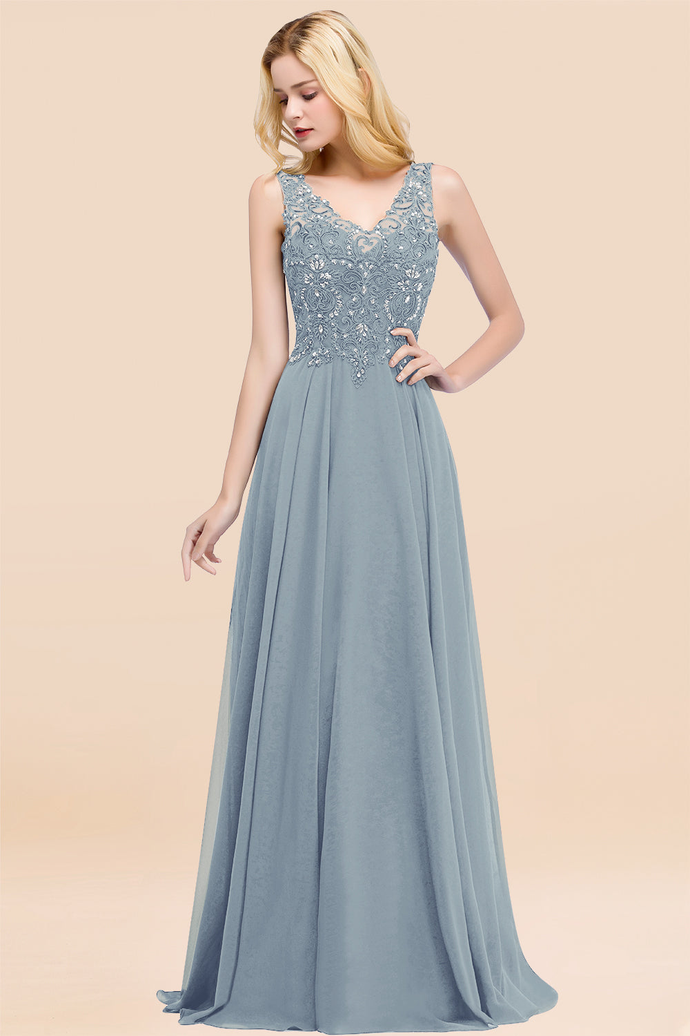 Dusty Rose Lace V-Neck Long Bridesmaid Dresses With Appliques