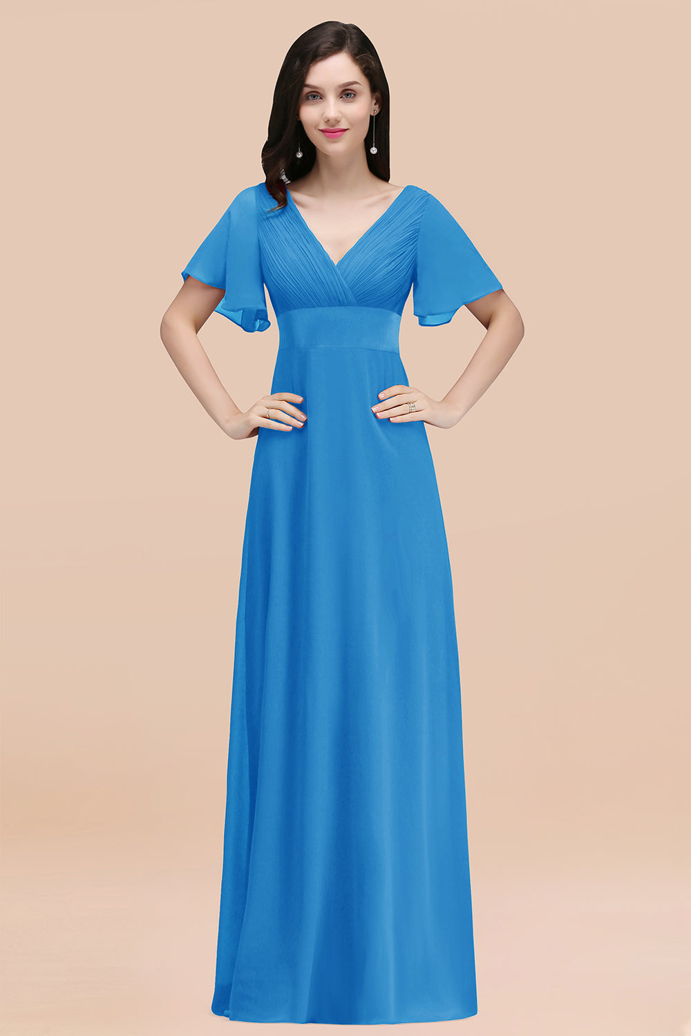 Simple A-Line Chiffon V-Neck Short Sleeves Ruffles Floor Length Bridesmaid Dresses