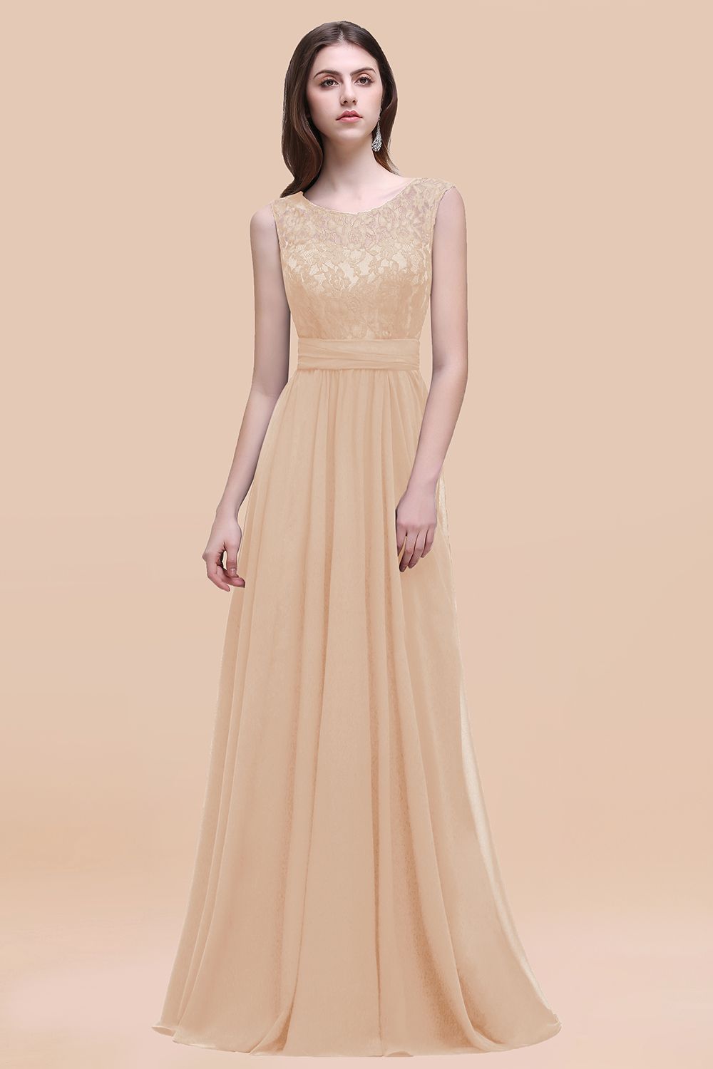 Elegant A-line Chiffon Lace Scoop Sleeveless Floor Length Bridesmaid Dress