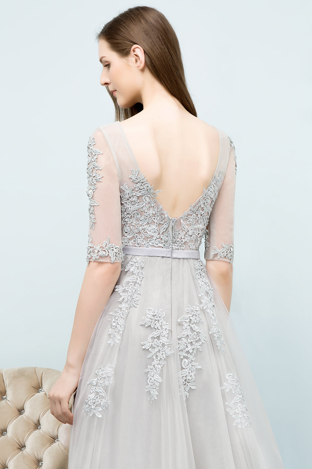 Long V-neck Tulle Lace A-line Evening Dress with Sleeves
