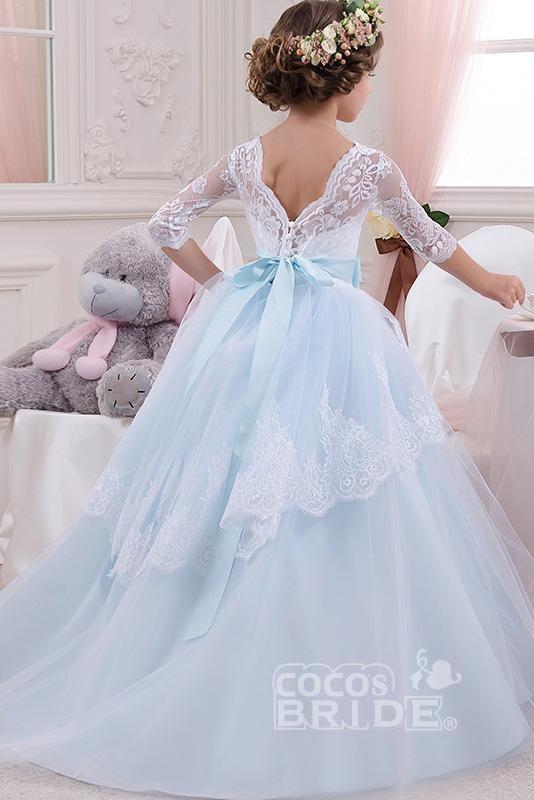 Long Tulle Lace Scoop Neck Ball Gown Flower Girl Dress with Sleeves
