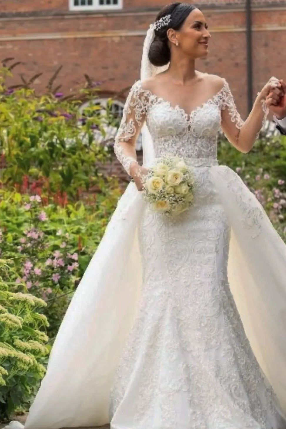 Modest Long Mermaid Off the Shoulder Lace Detachable Train Wedding Dress with Long Sleeves