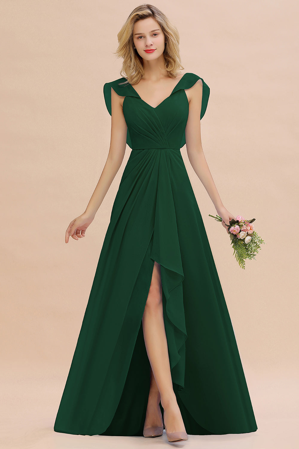 Simple High Low A-line V-Neck Ruffles Chiffon Dark Green Bridesmaid Dress