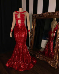 Red Long Sleeves Sequins Mermaid Tulle Prom Dresses