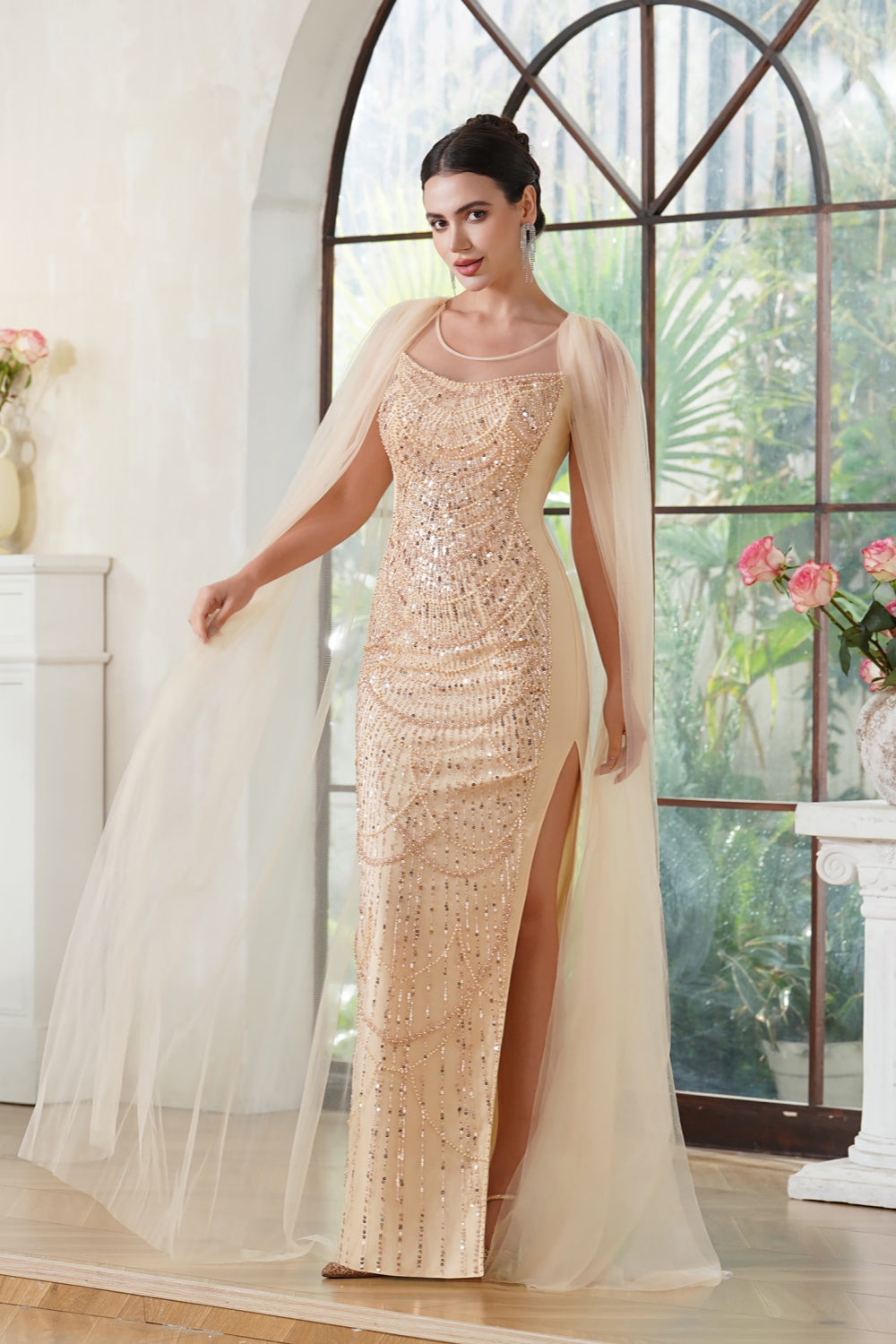 Champagne Long Mermaid Scoop Neck Tulle Formal Prom Dress with Cape