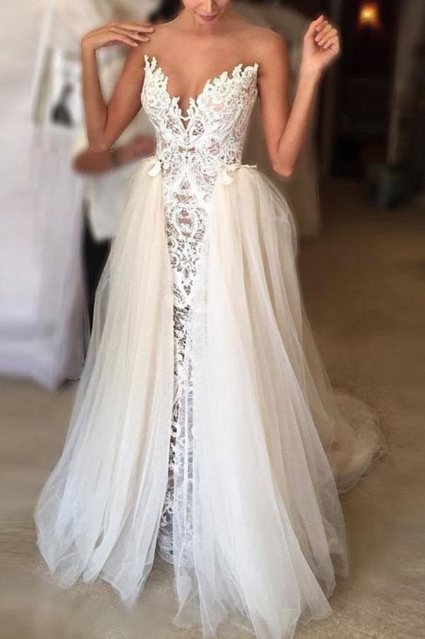 Vintage Ivory V-Neck Long Lace Tulle Mermaid Wedding Dress