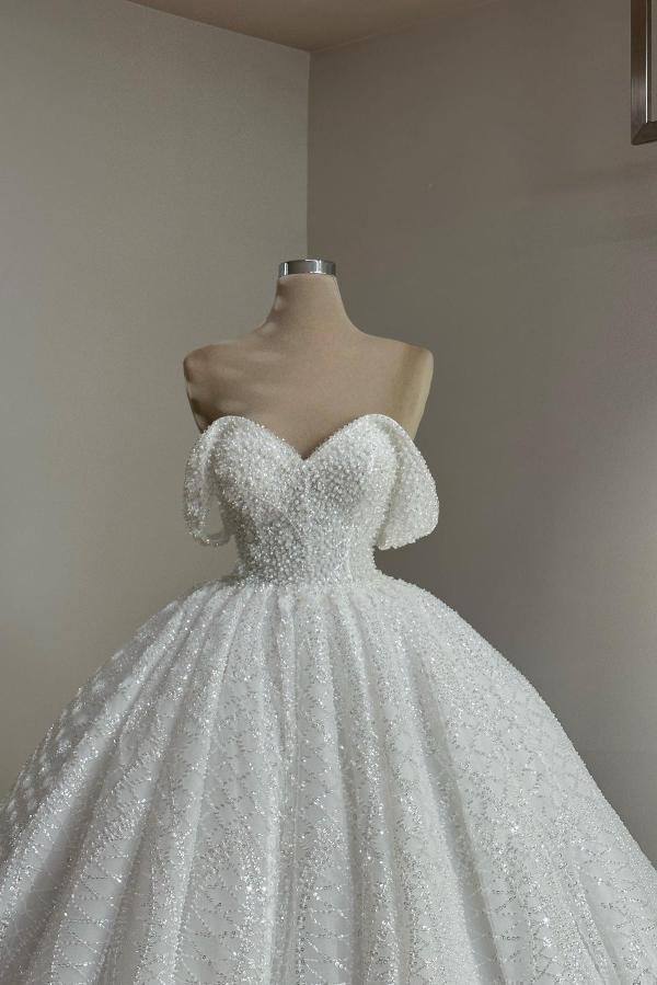 Gorgeous Sequins Ball Gown Off The Shoulder Long Wedding Dress with Beads