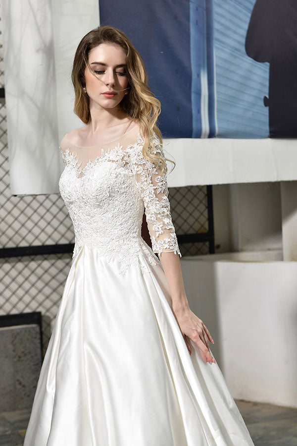 Elegant Long Lace-up A-Line Applique Satin Wedding Dress