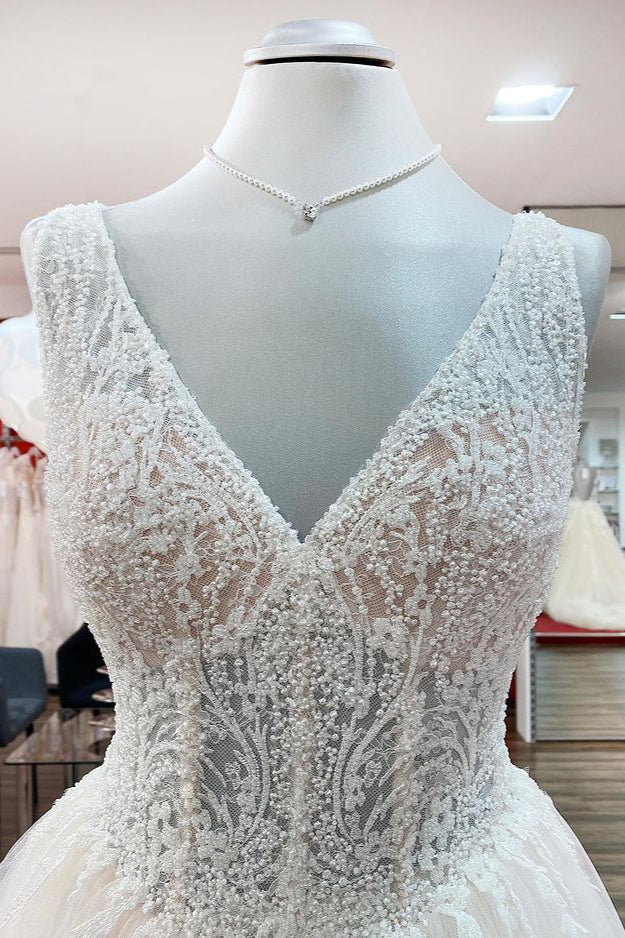 Unique Long A-line V-neck Tulle Lace Ruffles Ivory Wedding Dress