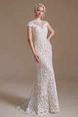 Vintage Long Mermaid High Neck Lace Wedding Dress with sleeves