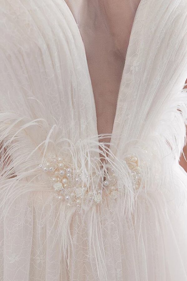 Long V-neck Ruffle Cold shoulder Tulle A-line Wedding Dress