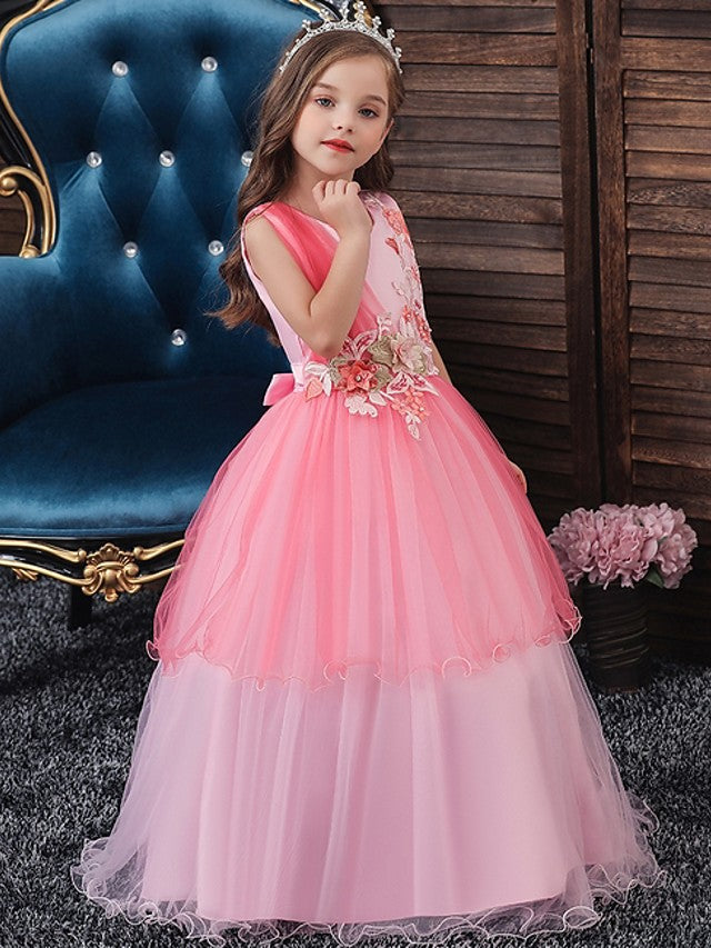 Long A-line Satin Sleeveless Jewel Neck Tulle Flower Girl Dresses For Wedding