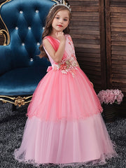 Long A-line Satin Sleeveless Jewel Neck Tulle Flower Girl Dresses For Wedding