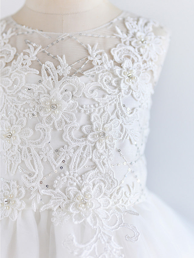 White Ball Gown Tulle Sleeveless Jewel Neck Lace Birthday Flower Girl Dresses