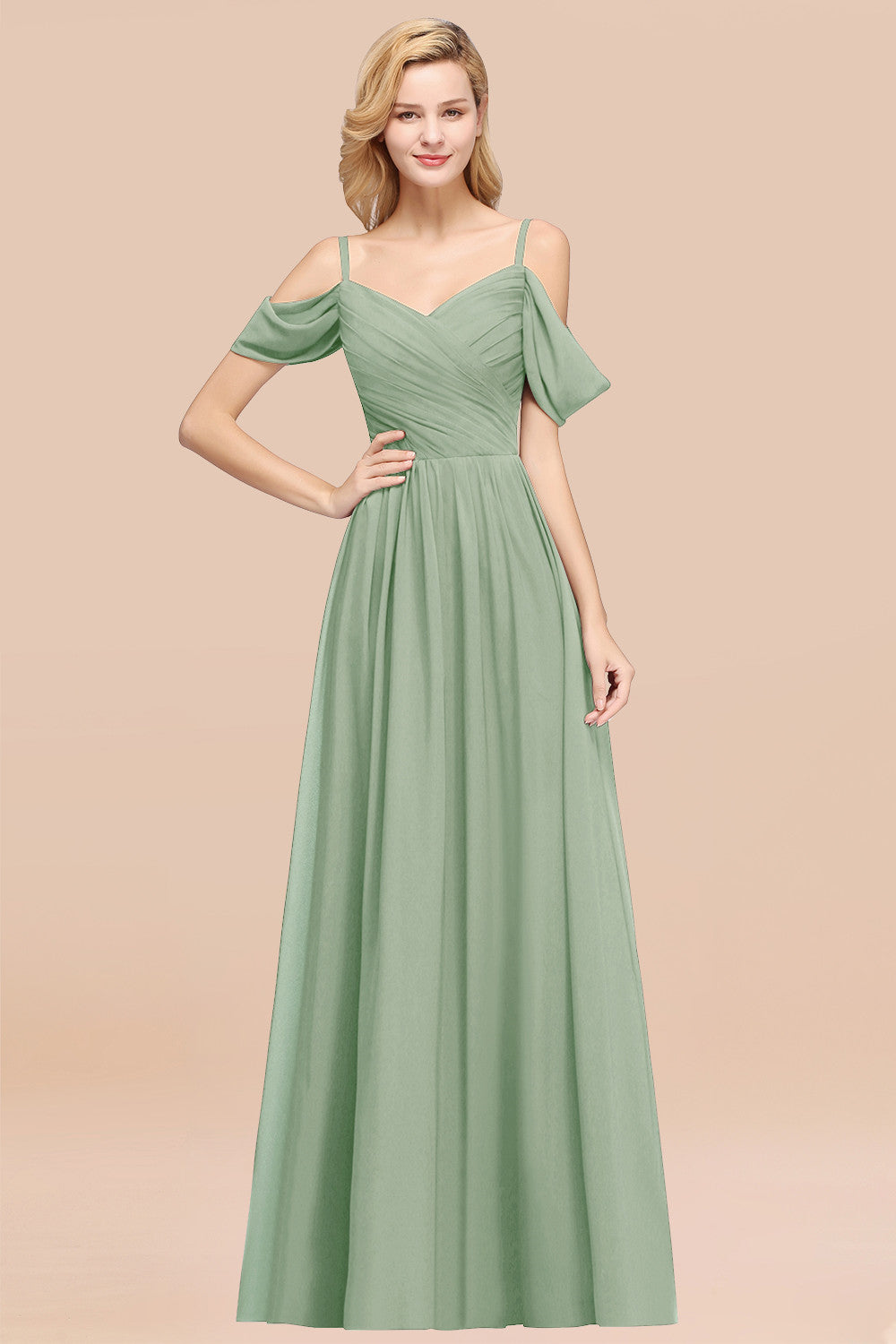 A-Line Chiffon V-Neck Spaghetti Straps Short Sleeves Floor Length Bridesmaid Dresses with Ruffles