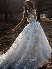 Long Lace V Neck Backless A Line Wedding Dresses with Short Sleeve