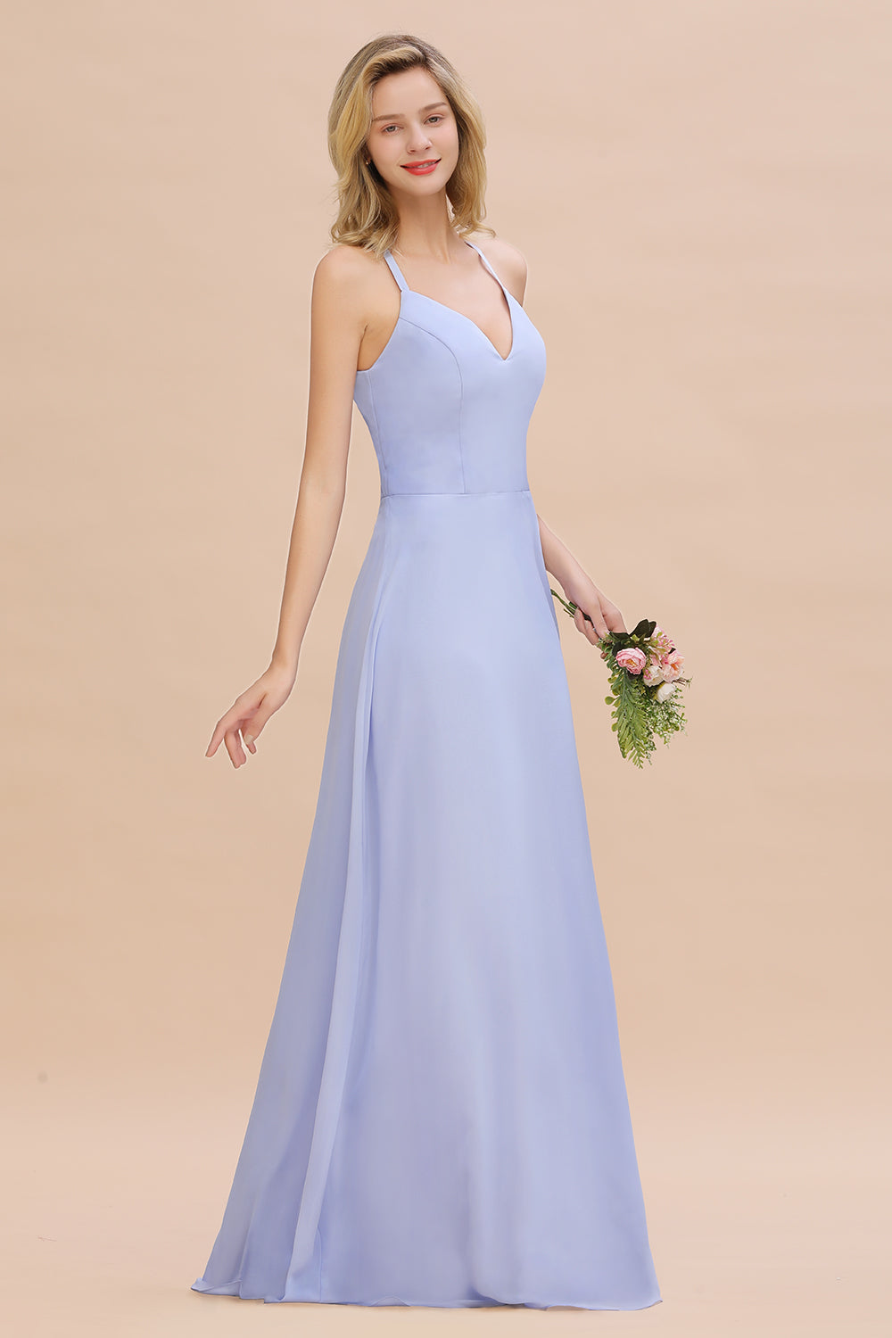 Stylish Chiffon Spaghetti Straps Sleeveless Long Bridesmaid Dress
