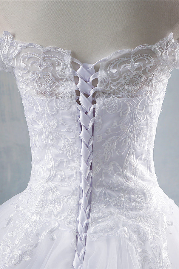 Elegant Long Off The Shoulder Appliques Lace Tulle A-line Wedding Dress