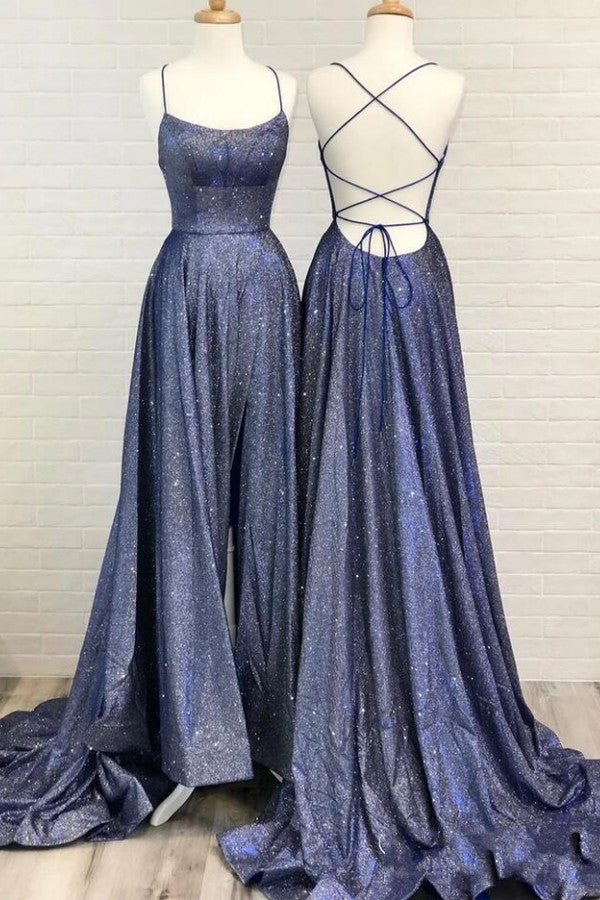 Sexy Long A-line Spaghetti Straps Backless Prom Dress with Slit