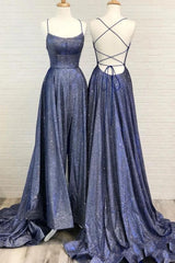 Sexy Long A-line Spaghetti Straps Backless Prom Dress with Slit