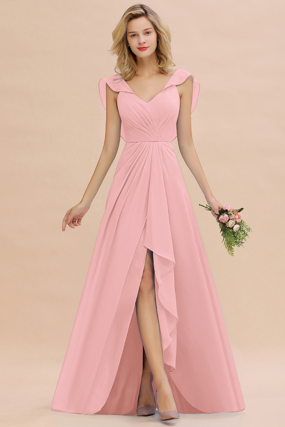 Simple High Low A-line V-Neck Ruffles Chiffon Candy Pink Bridesmaid Dress