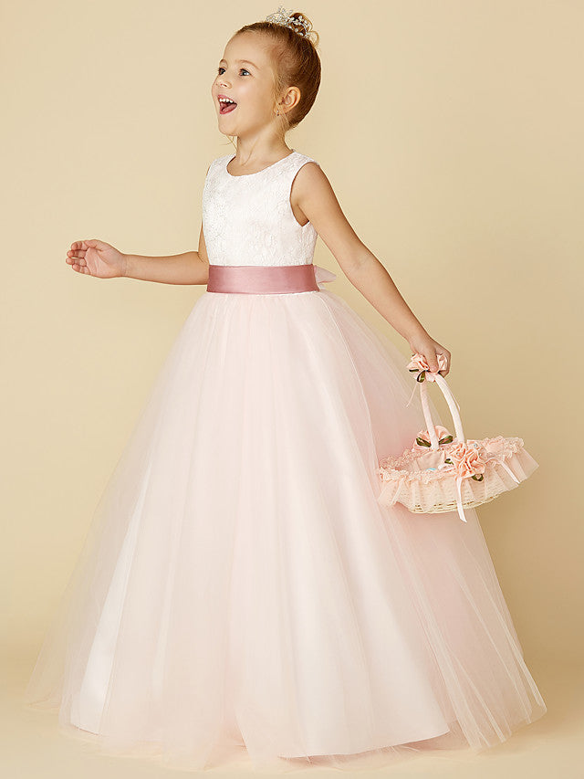 Long A-line Tulle Sleeveless Jewel Neck Flower Girl Dresses with Appliques Lace