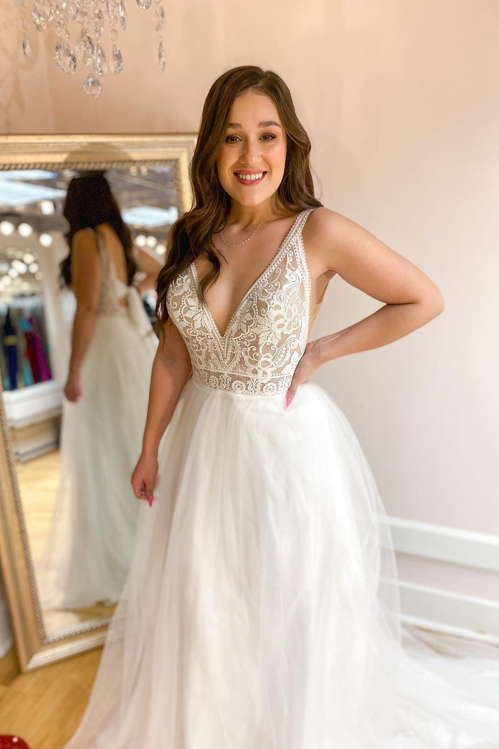 Long A-Line Deep V-neck Spaghetti Straps Tulle Train Open Back Wedding Dress