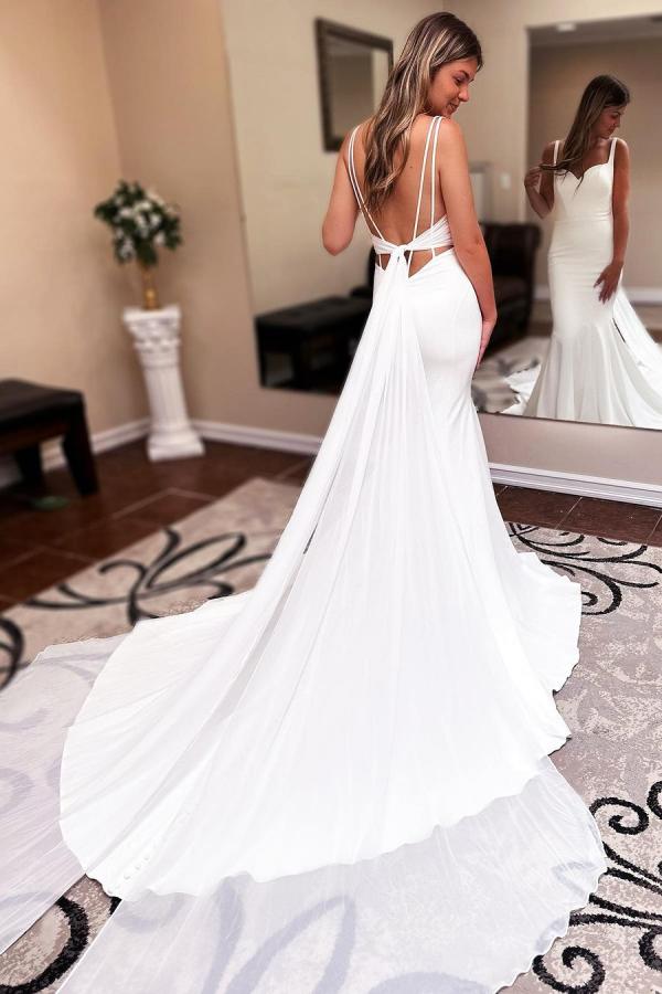 Simple Mermaid Sweetheart Satin Backless Long Wedding Dress with Court Train