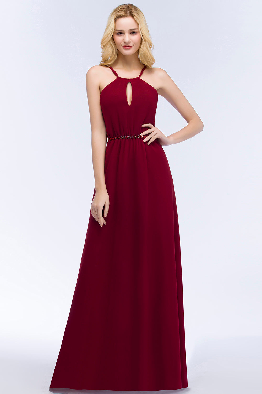 Simple A-Line Chiffon Spaghetti Straps Sleeveless Bridesmaid Dresses with Beading Sash