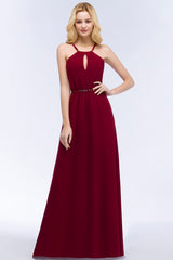 Simple A-Line Chiffon Spaghetti Straps Sleeveless Bridesmaid Dresses with Beading Sash