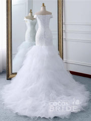 Long Off the Shoulder Mermaid Beads Tulle Wedding Dress