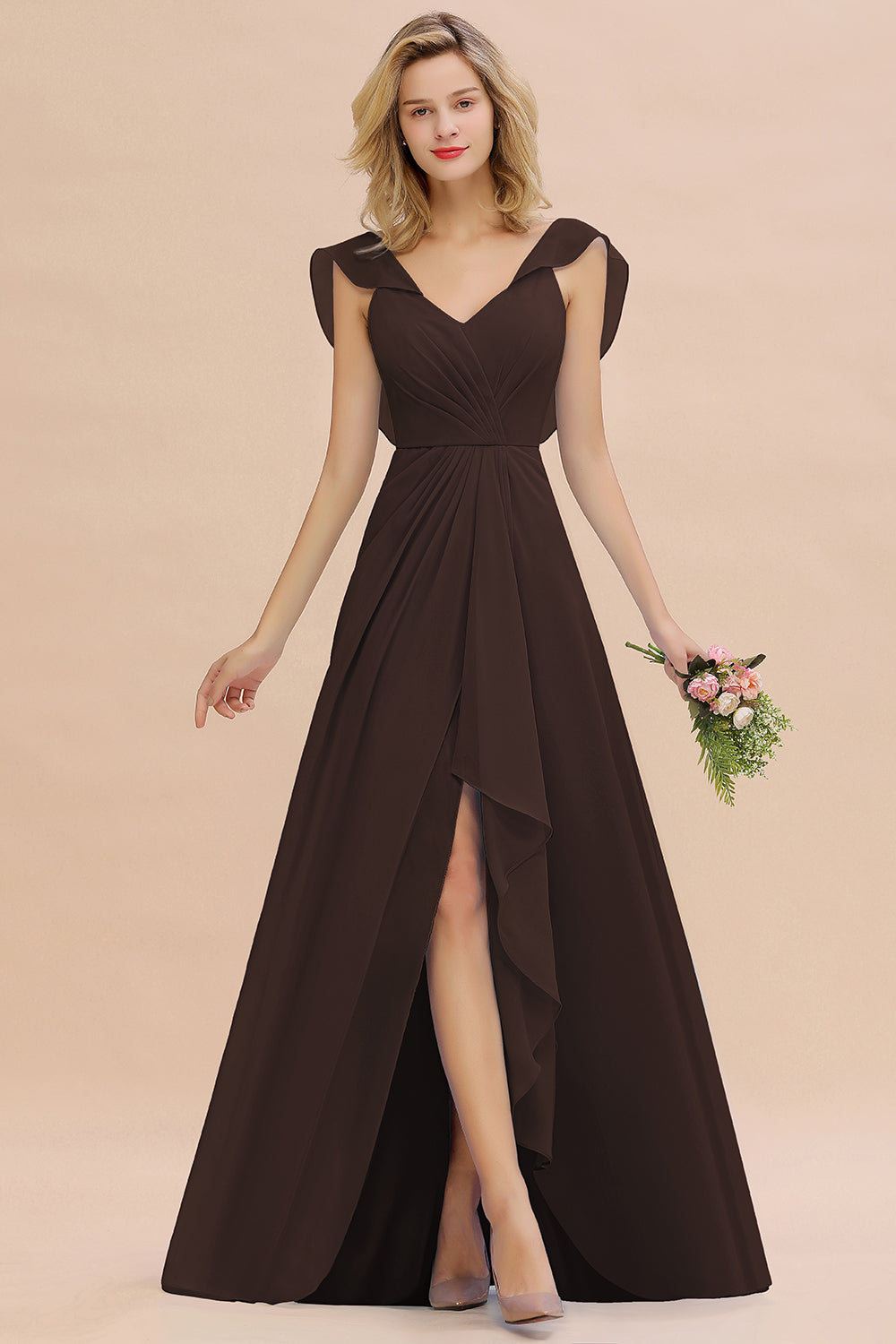 Simple High Low A-line V-Neck Ruffles Chiffon Bridesmaid Dress