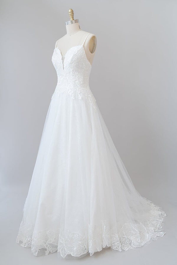 Long Sweetheart Spaghetti Strap Applique Tulle A-line Wedding Dress