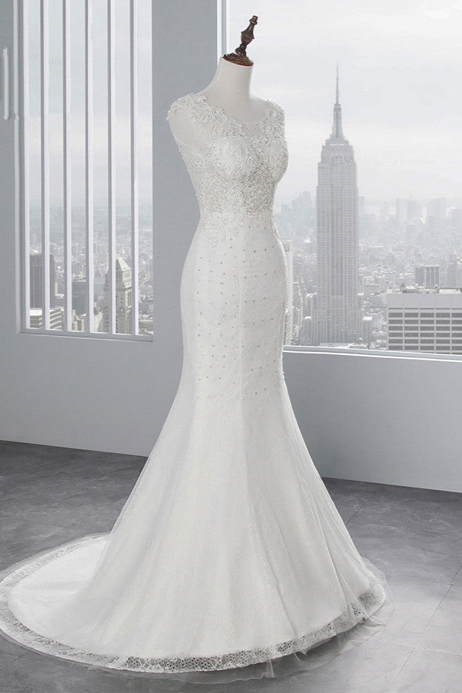 Glamorous Long Mermaid Jewel Tulle Sleeveless Wedding Dress with Appliques Lace