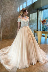 Simple A-Line Floor Length Sweetheart Off the Shoulder Backless Tulle Appliques Lace Wedding Dress