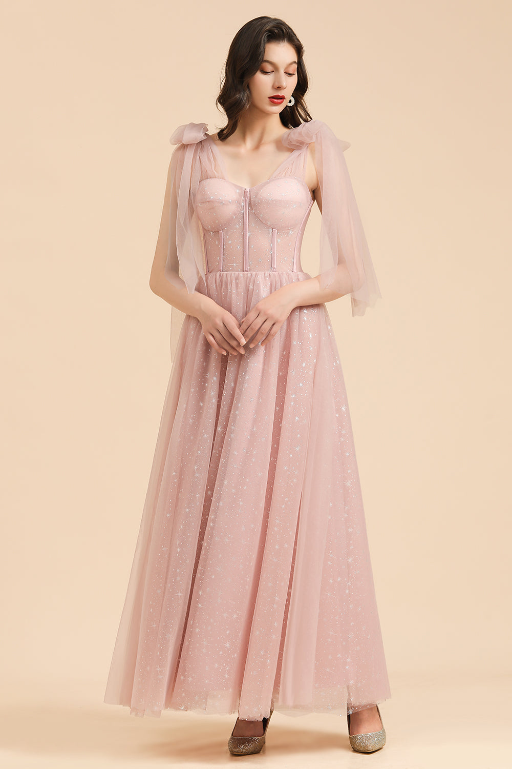 BM2007 A-line Pink Off The Shoulder Bow Tulle Floor Length Bridesmaid Dress