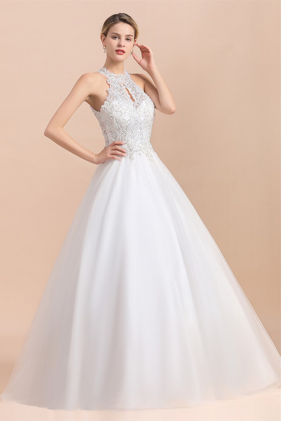 Long Halter Lace Appliques A-line Tulle Sleeveless Wedding Dress