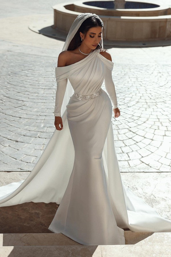 Gorgeous Long Sleeves One Shoulder Mermaid Satin Wedding Dresses