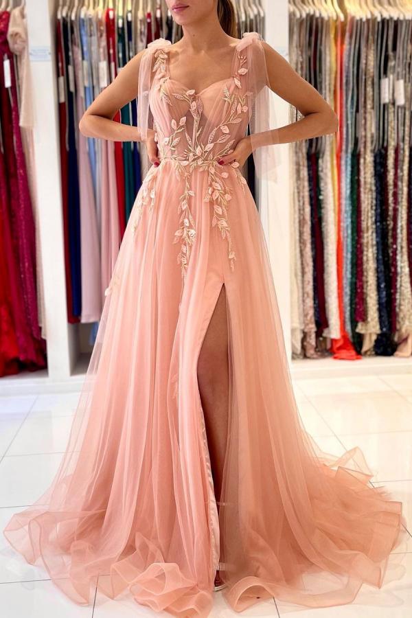 Long A-line Spaghetti Straps Tulle Prom Dress with Slit