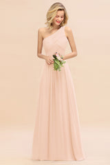 Elegant Pearl Pink A-line Chiffon Ruffles One Shoulder Long Bridesmaid Dress