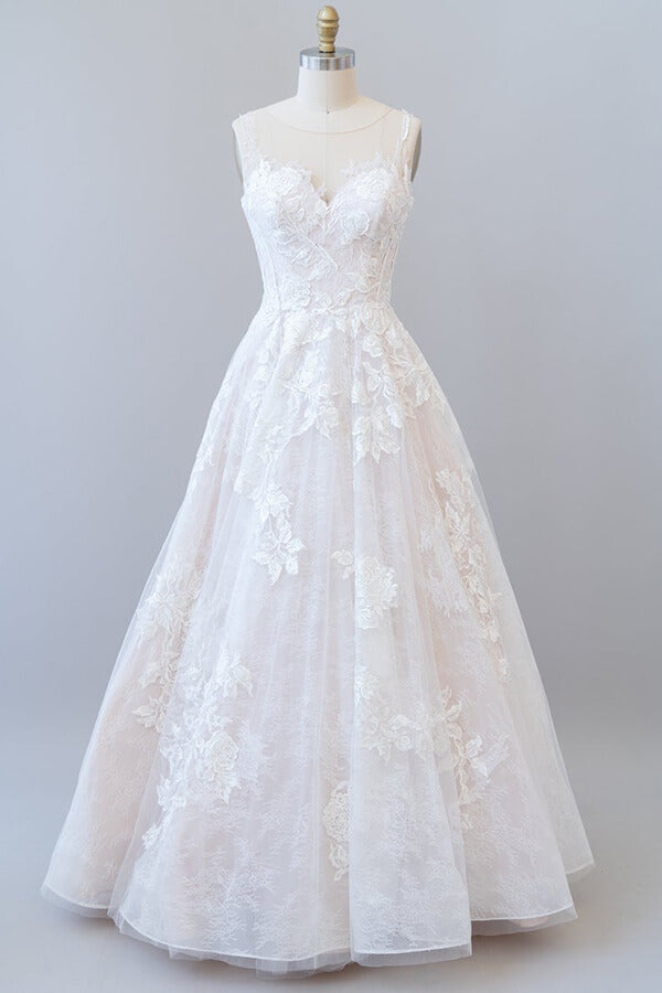 Elegant Long Appliques Lace Tulle A-line Wedding Dress