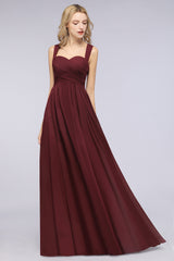 Simple Long A-line Cap Sleeves Sweetheart Burgundy Wedding Guest Dresses