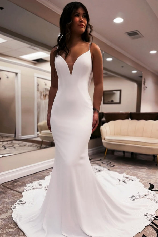 Mermaid Spaghetti Straps Open Back Sweetheart Satin Long Wedding Dresses