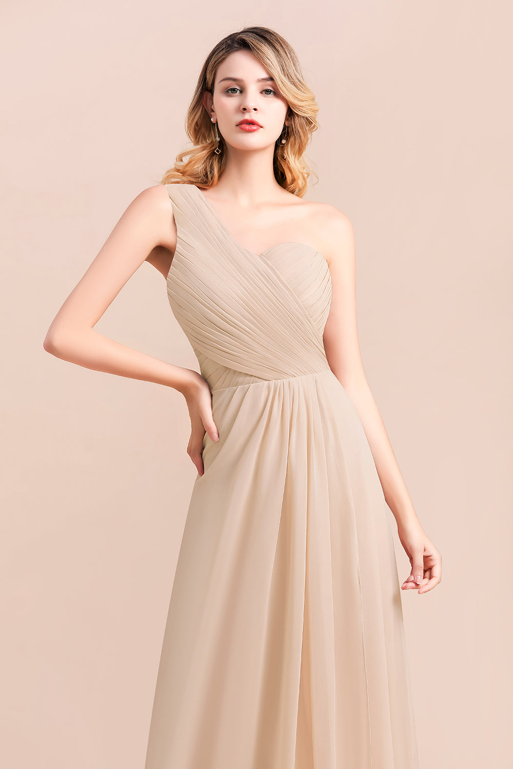 Simple One Shoulder Wedding Guest Dress A-Line Chiffon Bridesmaid Dress With Side Slit