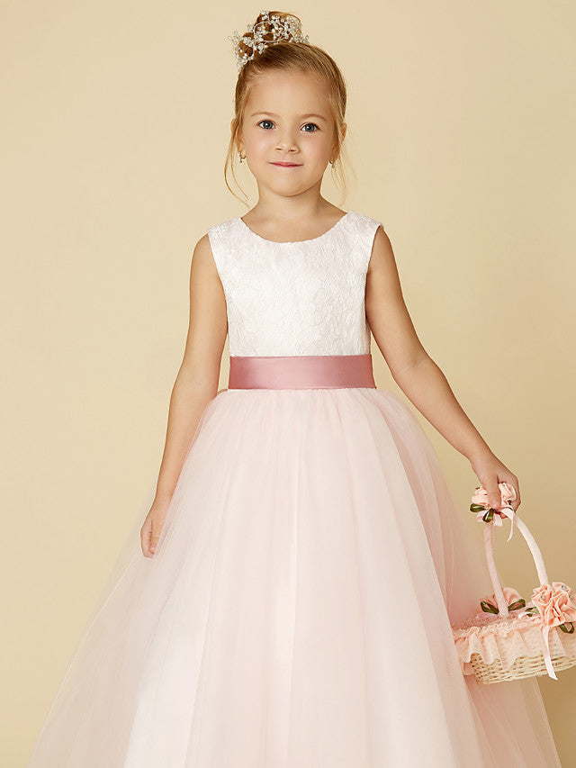 Long A-line Tulle Sleeveless Jewel Neck Flower Girl Dresses with Appliques Lace